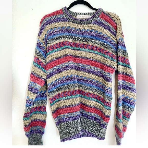 Northern Isles Vintage Hand Knit Striped 3D Grandpa Grunge 80s Sweater Chunky - Picture 1 of 6